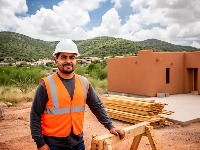 A builder in a hard hat and safety vest on a home construction site.