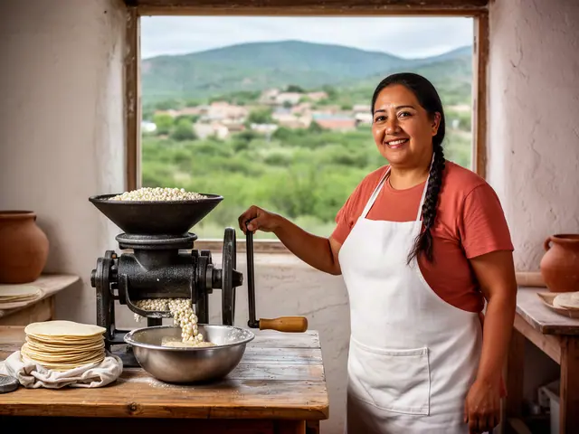 A smiling tortilla maker cranking a cast-iron corn mill beside a stack of fresh tortillas, green hills outside.