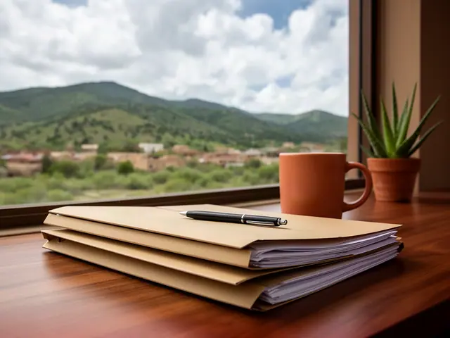 A neat stack of closed manila folders and a pen on a desk by a window.