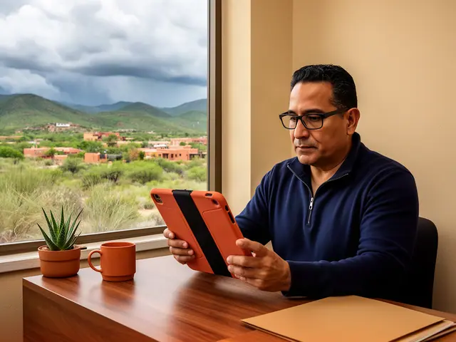 A man with short black hair and black-framed glasses reviewing a tablet at a desk in a small back office.