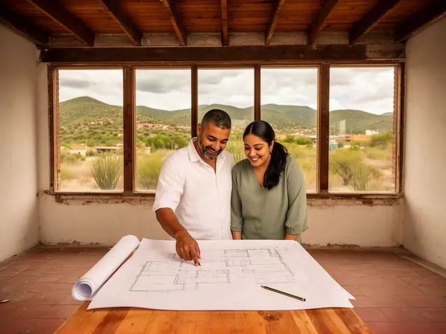 Two business partners looking over a pencil floor sketch in an empty storefront.